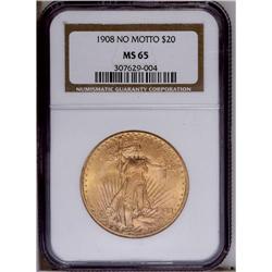 1908 $20 No Motto MS65 NGC. A highly attractive Gem, w