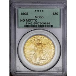 1908 $20 No Motto MS65 PCGS. Short rays subtype. This