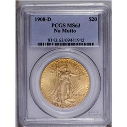 1908-D $20 No Motto MS63 PCGS. Very well defined for t