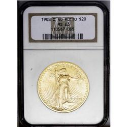 1908-D $20 No Motto MS63 NGC. Lustrous apricot-gold su