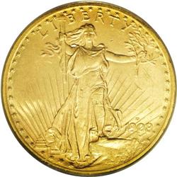 1908-D $20 No Motto MS63 PCGS. Frosty mint luster with