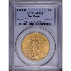 1908-D $20 No Motto MS64 PCGS. The matte-like surfaces