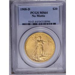 1908-D $20 No Motto MS64 PCGS. Pebbly-like surfaces ex