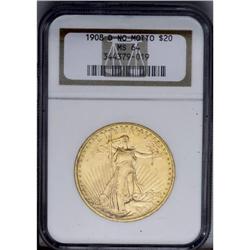 1908-D $20 No Motto MS64 NGC. Long rays hub. A crisply