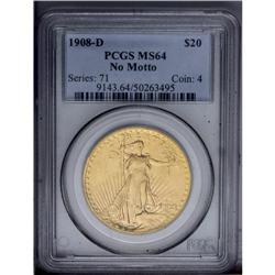 1908-D $20 No Motto MS64 PCGS. An attractive piece wit