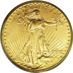 1908-D $20 No Motto MS65 PCGS. Long Rays variety. The