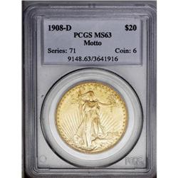 1908-D $20 Motto MS63 PCGS. Apricot-gold surfaces exhi