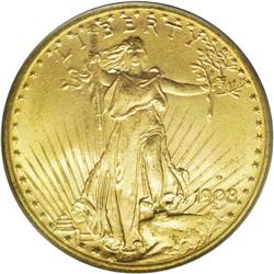 1908-D $20 Motto MS65 PCGS. Bright and lustrous, with