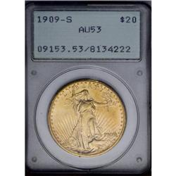 1909-S $20 AU53 PCGS. Exceptionally high-end for the g