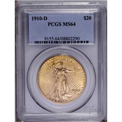 1910-D $20 MS64 PCGS. Bright luster exudes from honey-