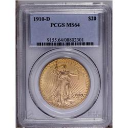 1910-D $20 MS64 PCGS. Soft luster peeks through honey-