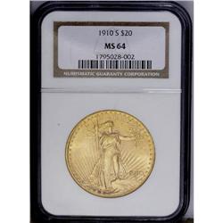 1910-S $20 MS64 NGC. Honey-gold patina overlays soft l