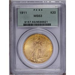 1911 $20 MS63 PCGS. Soft luster lies beneath greenish-