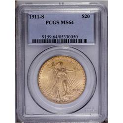 1911-S $20 MS64 PCGS. A pleasing example. A sharp stri
