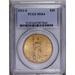 1911-S $20 MS64 PCGS. Well struck with fine grain, mat