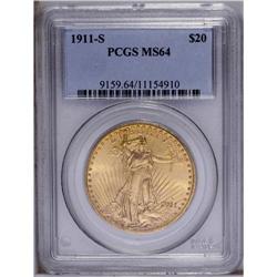 1911-S $20 MS64 PCGS. Pebbly-like apricot-gold surface
