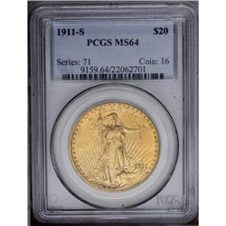 1911-S $20 MS64 PCGS. A lustrous orange-gold example.