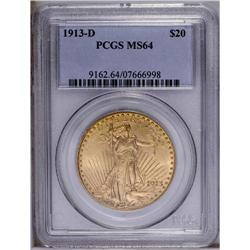 1913-D $20 MS64 PCGS. Peach-gold surfaces emit soft lu