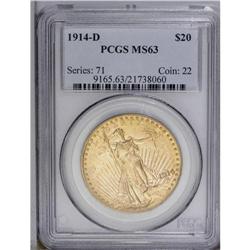 1914-D $20 MS63 PCGS. Bright lustrous surfaces display