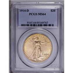 1914-D $20 MS64 PCGS. A lustrous, well struck double e