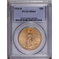 1914-D $20 MS64 PCGS. Intense luster and apricot-gold