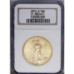 1914-S $20 MS64 NGC. Sharply struck and thoroughly lus