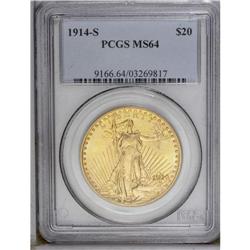 1914-S $20 MS64 PCGS. The bright green-gold surfaces d