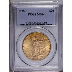 1915-S $20 MS64 PCGS. Boldly struck and lustrous with