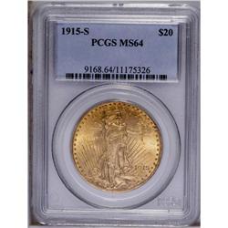1915-S $20 MS64 PCGS. Lustrous surfaces take on aprico