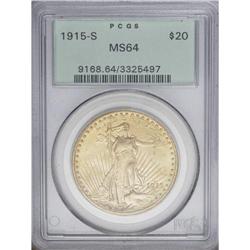 1915-S $20 MS64 PCGS. A honey-gold near-Gem with a cri