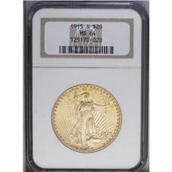 1915-S $20 MS64 NGC. This lustrous khaki-gold Choice S