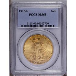 1915-S $20 MS65 PCGS. Honey-gold luster imbued with tr