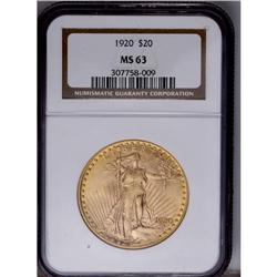 1920 $20 MS63 NGC. This satiny olive-gold scarcer date