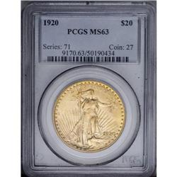 1920 $20 MS63 PCGS. Frosty and richly toned, this bold