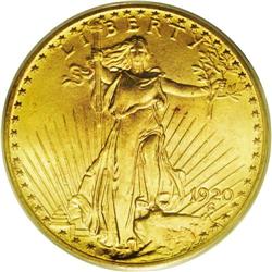 1920 $20 MS64 PCGS. Fully lustrous with satiny yellow-