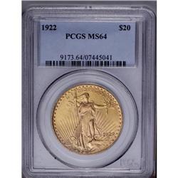 1922 $20 MS64 PCGS. A satiny and nicely struck green-g