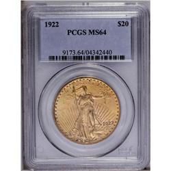 1922 $20 MS64 PCGS. The bright peach-gold and mint-gre