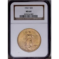 1922 $20 MS64 NGC. Soft luster emanates from honey-gol