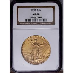 1922 $20 MS64 NGC. Nice luster exudes from honey-gold