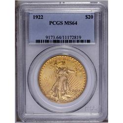 1922 $20 MS64 PCGS. A apricot-gold surfaces exhibit tr