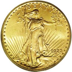 1922 $20 MS65 PCGS. Bright yellow-gold color adorns th