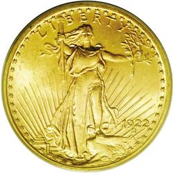 1922 $20 MS65 PCGS. Peach-gold surfaces with a hint of