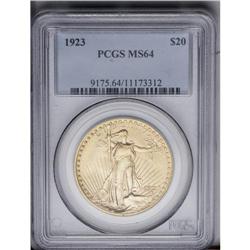 1923 $20 MS64 PCGS. Brassy surfaces display a satin-li