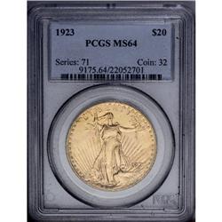 1923 $20 MS64 PCGS. A lovely pale gold near-Gem with p