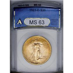 1923-D $20 MS63 ANACS. Deep peach toning embraces this