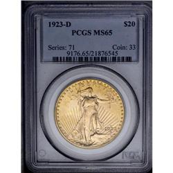 1923-D $20 MS65 PCGS. One of the finest produced issue