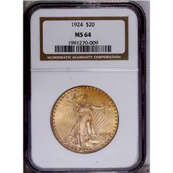 1924 $20 MS64 NGC. Golden-orange surfaces exhibit soft