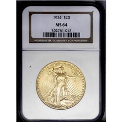 1924 $20 MS64 NGC. apricot-gold surfaces display wisps