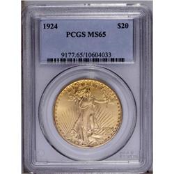 1924 $20 MS65 PCGS. Apricot-gold surfaces yield nice l