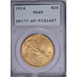 1924 $20 MS65 PCGS. Honey-gold patina adheres to lustr